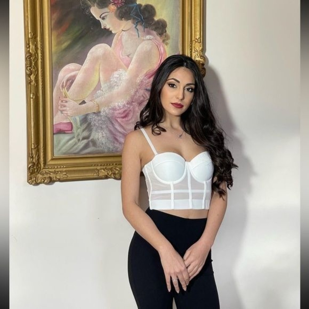 Micas White Mesh Corset Bustier Crop Top Sheer Padded Underwire Hook Eye Closure